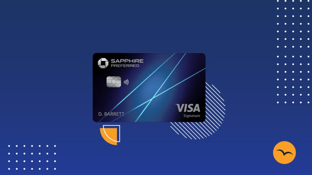A dark blue credit card with Sapphire Preferred and Visa Signature logos, featuring a chip and contactless symbol. It has light blue diagonal lines on a gradient blue background with geometric shapes.